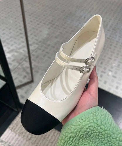 Feet Cowhide Black Leather Shoes Flat Strap Splicing Buckle