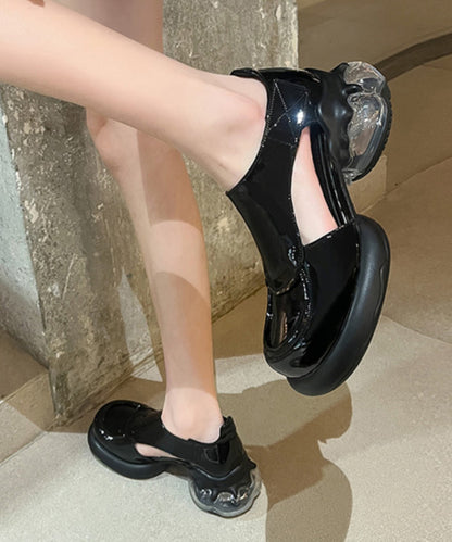 Hollow Chic Splicing Cowhide Black Out Platform Leather Loafers