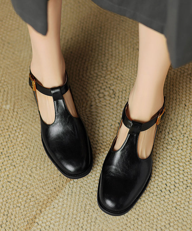 Black Cowhide Chunky Hollow Out Leather Splicing Shoes