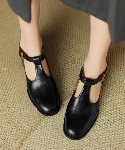 Black Cowhide Chunky Hollow Out Leather Splicing Shoes