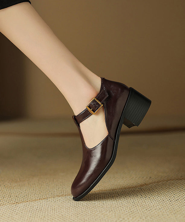 Black Cowhide Chunky Hollow Out Leather Splicing Shoes