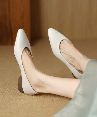 Black Pointed Toe Chunky Shoes Splicing Cowhide Leather