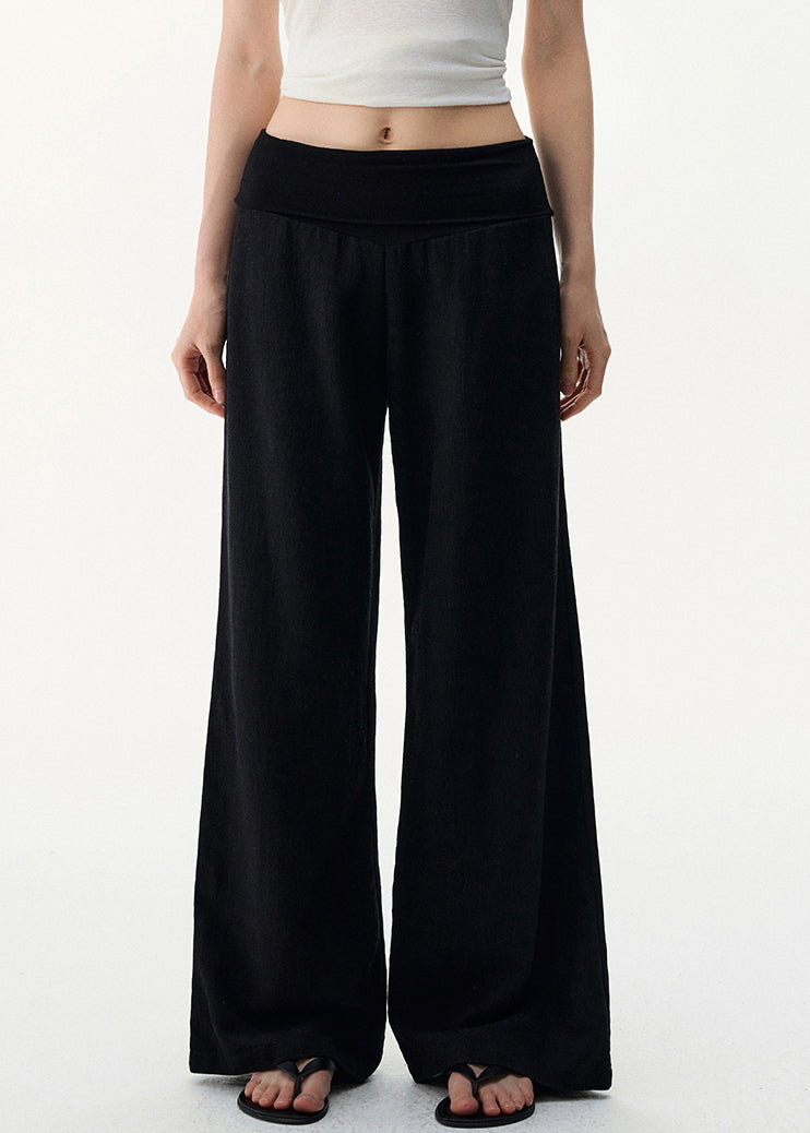Black Pants Elastic Cozy Waist Leg Wide Linen