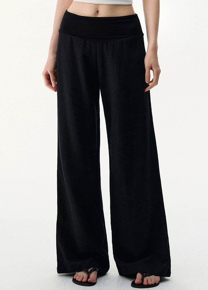 Black Pants Elastic Cozy Waist Leg Wide Linen