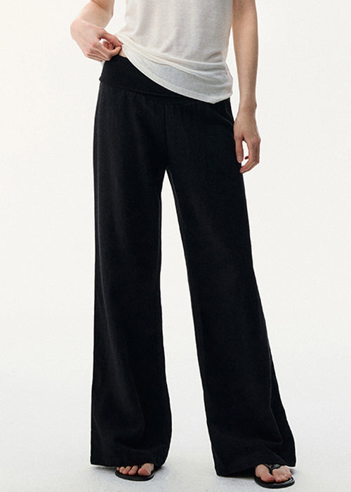 Black Pants Elastic Cozy Waist Leg Wide Linen