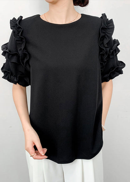 Ruffled Summer Chiffon Shirt Draping Black