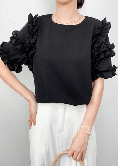 Ruffled Summer Chiffon Shirt Draping Black