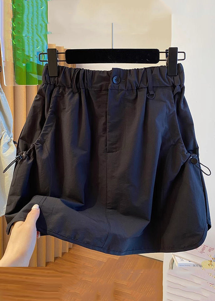 Black Drawstring Pockets Cotton Skirts Elastic Waist QE017