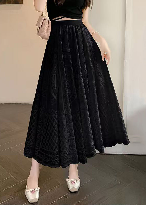 Waist Elastic Skirt Lace Embroidered Summer Black