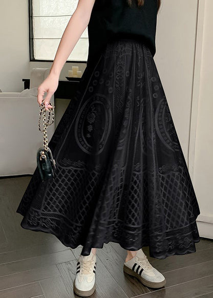 Waist Elastic Skirt Lace Embroidered Summer Black