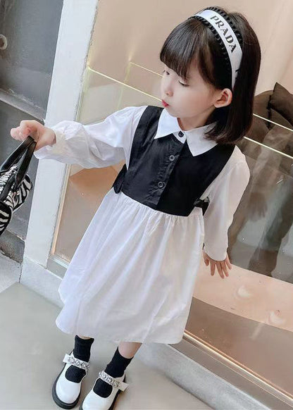 Black False Two Pieces Cotton Girls Dress Peter Pan Collar Fall XZ091