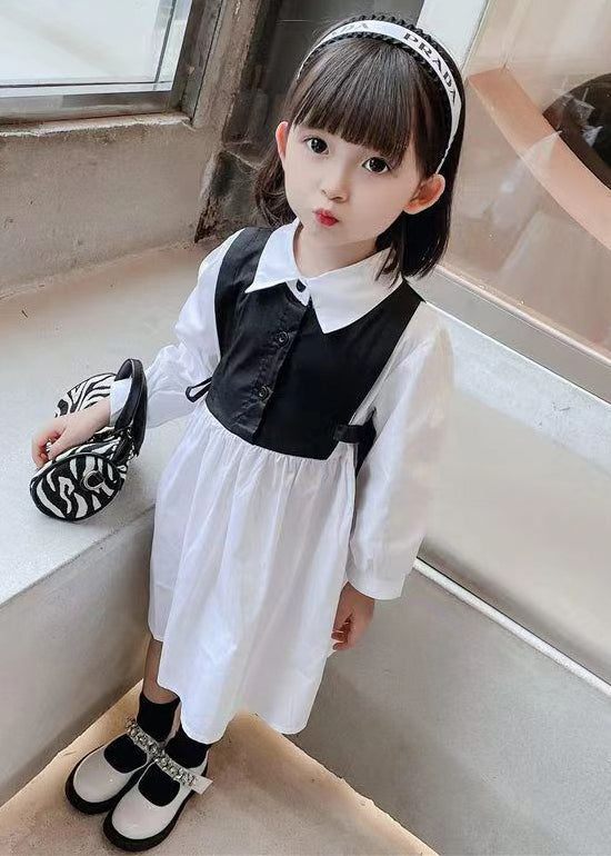 Black False Two Pieces Cotton Girls Dress Peter Pan Collar Fall XZ091