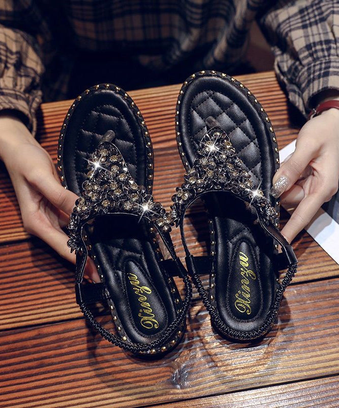 Leather Zircon Faux Black Splicing Flip Flops