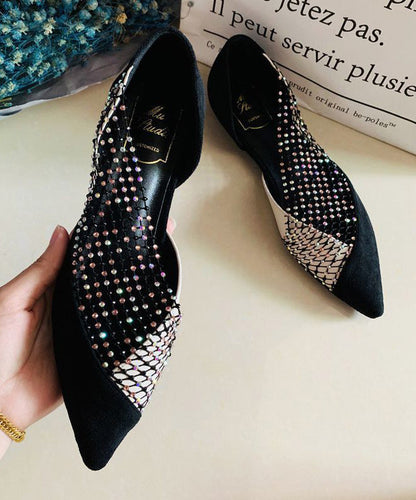 Toe Shoes Splicing Suede Flat Black Pointed Zircon Feet
