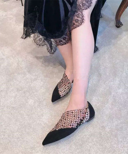 Toe Shoes Splicing Suede Flat Black Pointed Zircon Feet