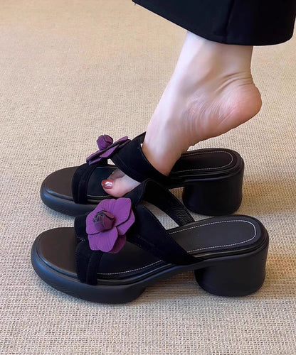 Toe Sandals Slide Splicing Peep Floral Chunky Black