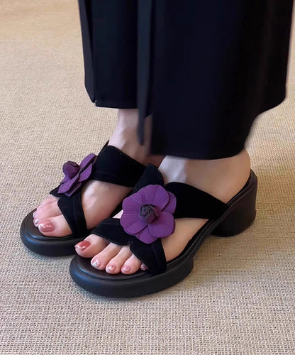 Toe Sandals Slide Splicing Peep Floral Chunky Black