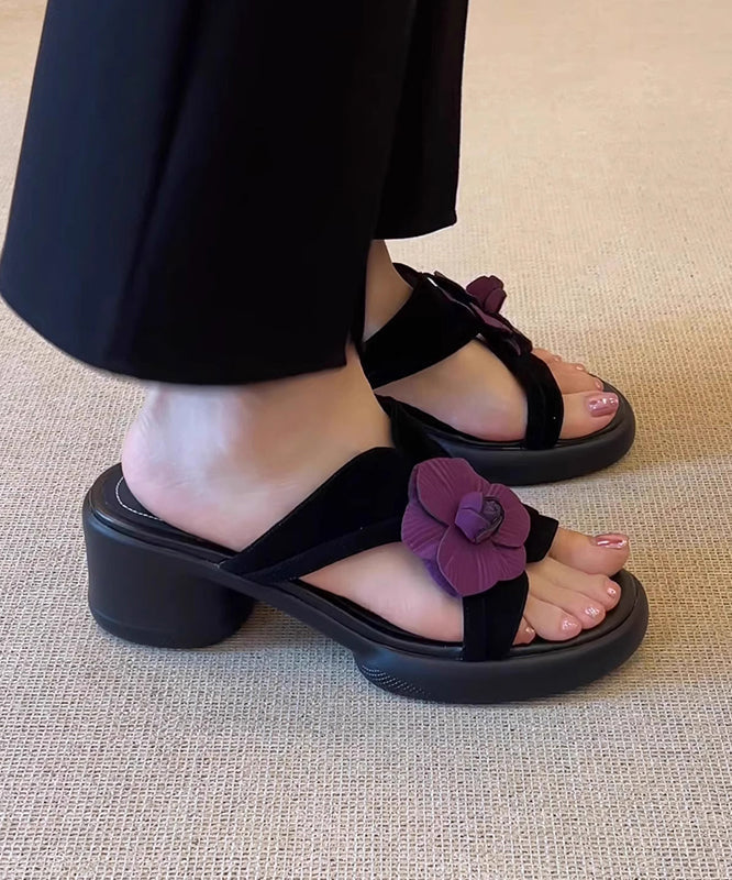 Toe Sandals Slide Splicing Peep Floral Chunky Black