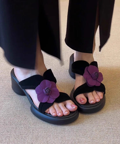 Toe Sandals Slide Splicing Peep Floral Chunky Black