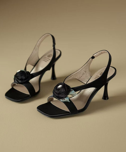 Black High Sandals Peep Splicing Toe Floral Heel