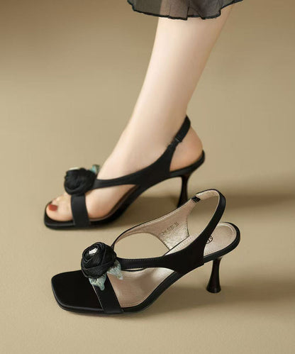 Black High Sandals Peep Splicing Toe Floral Heel