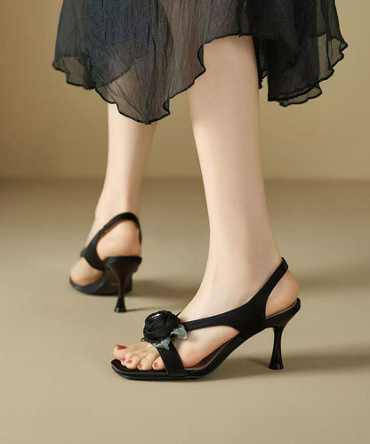 Black High Sandals Peep Splicing Toe Floral Heel