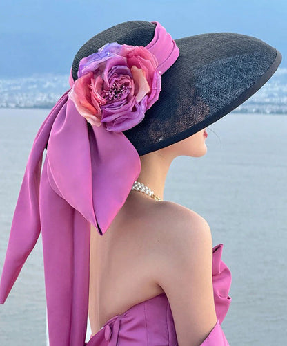 Hat Large Floral Brim Black Bow With French A