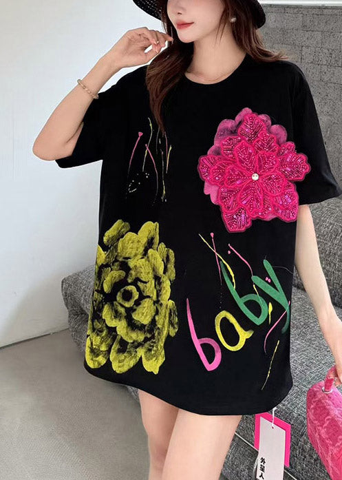 Floral Black Print Tanks Cotton Decorated Summer Graffiti