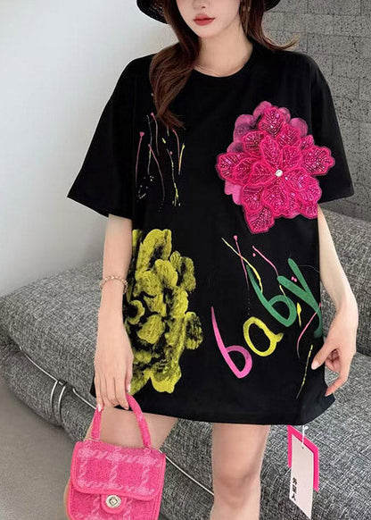 Floral Black Print Tanks Cotton Decorated Summer Graffiti