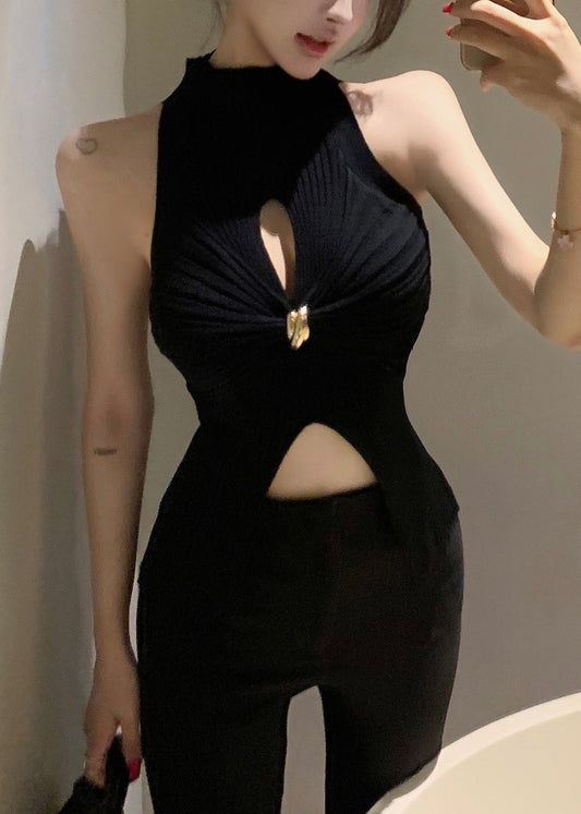 Black Knit Sleeveless Out Hollow Turtleneck Tank