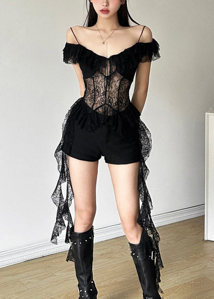 Black Hollow Out Lace Spaghetti Strap Tank Asymmetrical Short Sleeve KK071