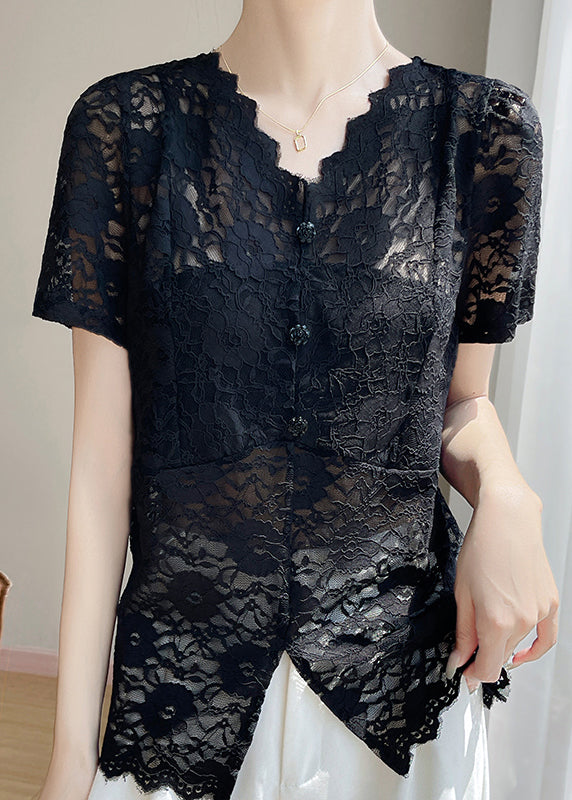 V Lace Hollow Neck Out Black Solid Summer Shirt