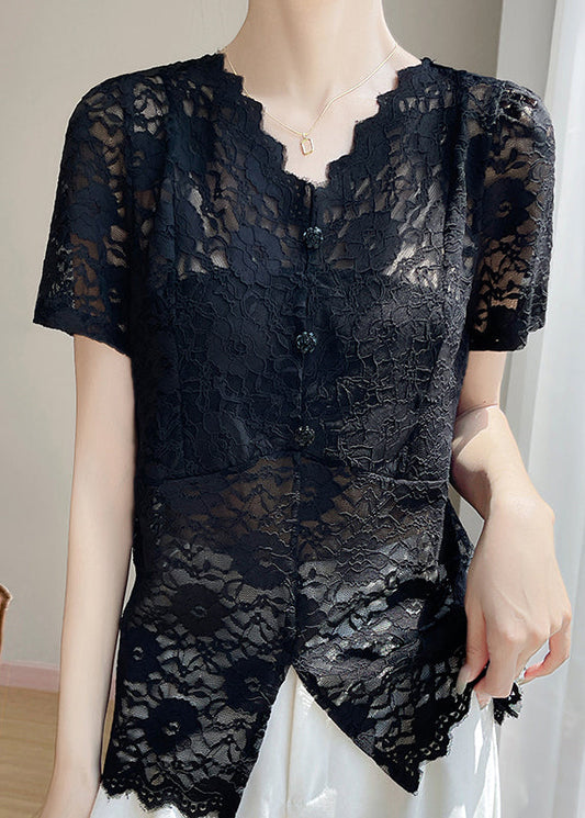 V Lace Hollow Neck Out Black Solid Summer Shirt
