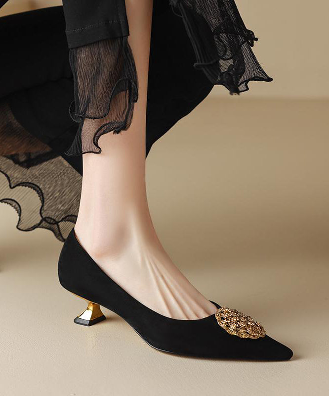 Pointed Splicing Kitten Toe High Black French Heels Suede