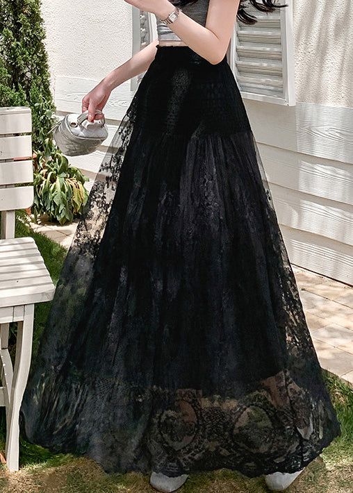 Hollow Skirts Waist Out Black Tulle Summer Elastic Lace