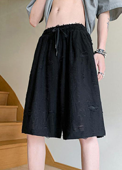 Hole Cotton Black Shorts Up Waist Men Elastic Summer Lace