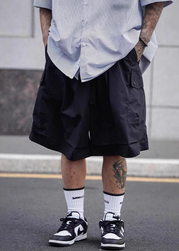 Lace Men Shorts Elastic Summer Waist Up Cotton Black Solid