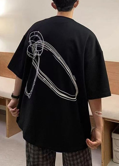 Sleeve Black Letter Men Shirts Neck T Short Cotton O Loose