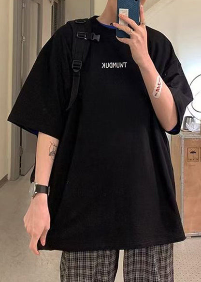 Sleeve Black Letter Men Shirts Neck T Short Cotton O Loose