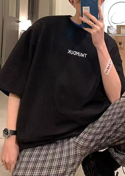 Sleeve Black Letter Men Shirts Neck T Short Cotton O Loose