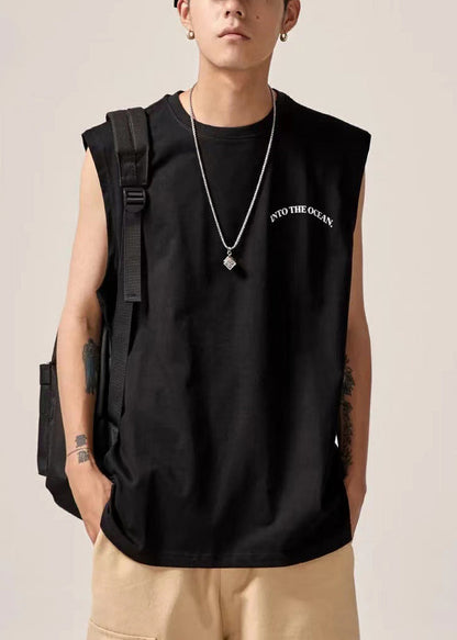 Black Cotton Sleeveles Print Tank Letter Neck Men O