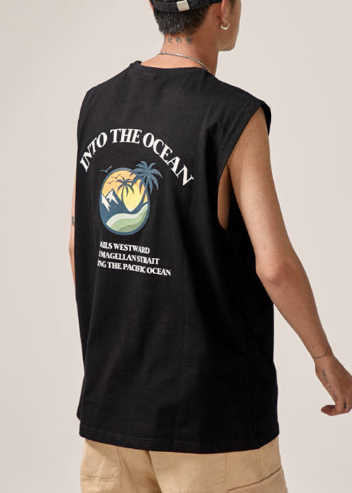 Black Cotton Sleeveles Print Tank Letter Neck Men O