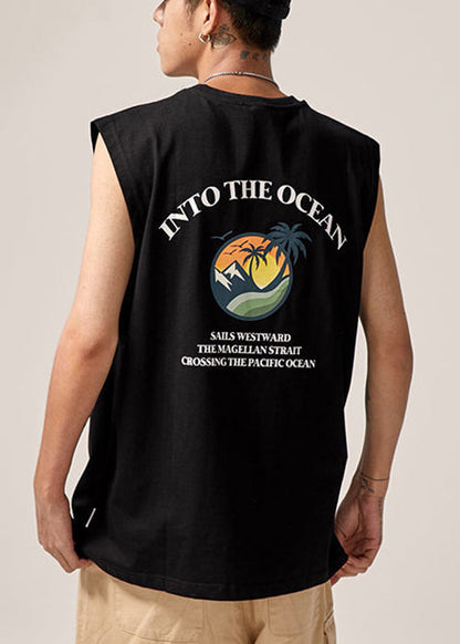 Black Cotton Sleeveles Print Tank Letter Neck Men O