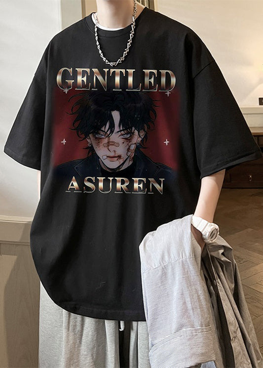 Black Print Letter Mens O Neck Loose Cotton T Shirts Summer