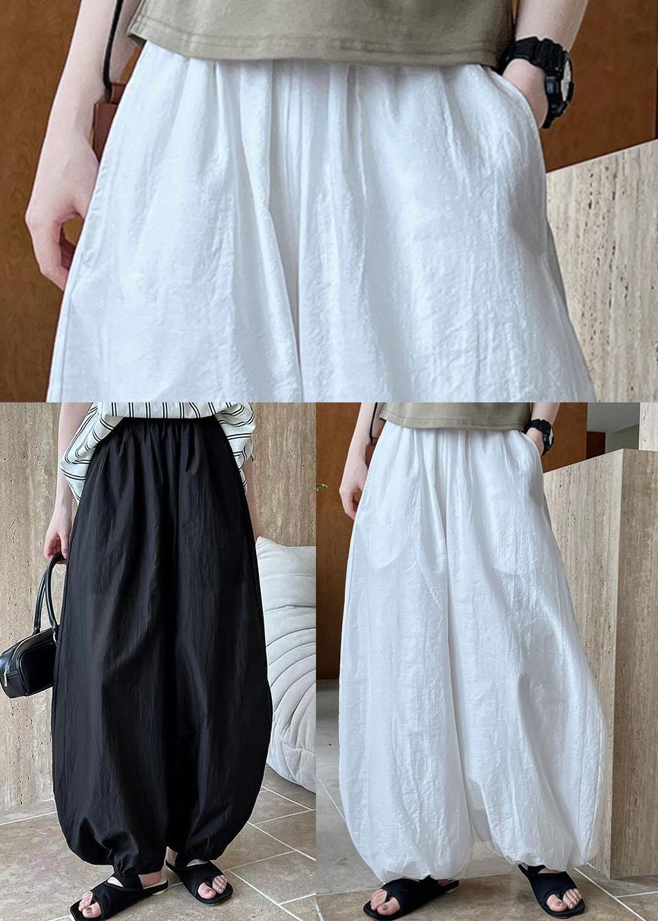 Pants Cotton Black Waist Lantern Elastic Summer Loose