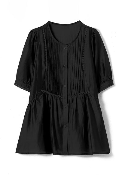 Black O-Neck Ruffled Wrinkled Silk Tops Short Sleeve WW049