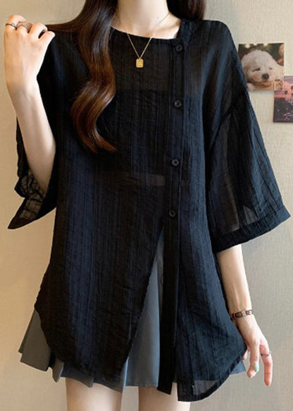 Spring Asymmetrical Patchwork Shirts Chiffon Black