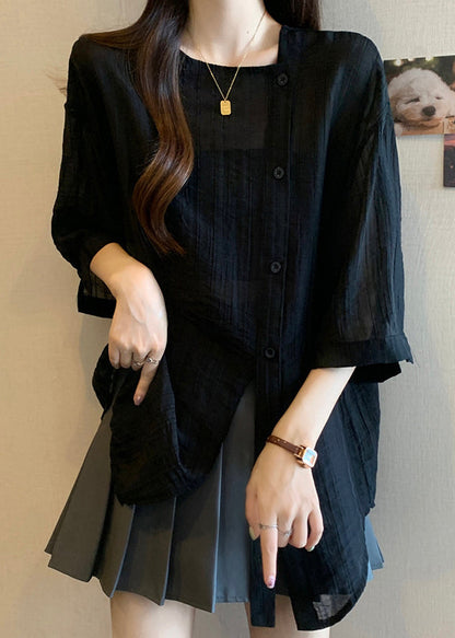 Spring Asymmetrical Patchwork Shirts Chiffon Black
