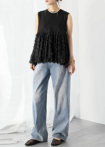 Line Black Cotton Sleeveless Tops A Patchwork Tasseled