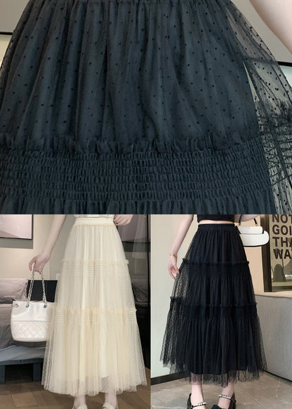 Black Patchwork Italian Tulle Skirt Ruffled Elastic Waist Spring QQ1059